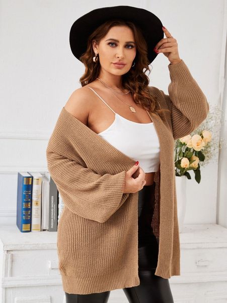 plus drop shoulder open front cardigan 09yp#, Black