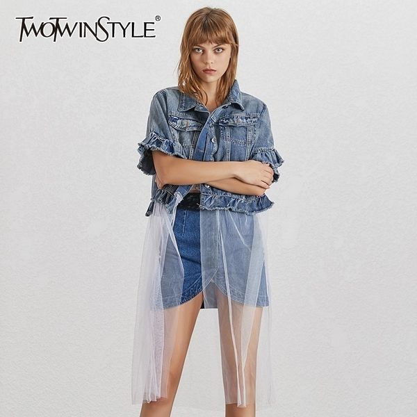 twotwinstyle summer mesh patchwork women jacket lapel short sleeve ruffles button loose denim coat female fashion 2019 new y200101, Black;brown
twotwinstyle summer mesh patchwork women jacket lapel short sleeve ruffles button loose denim coat female fashion 2019 new y200101, Black;brown