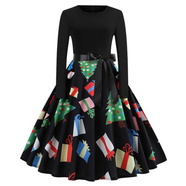 designer woman dresses christmas new retro print round neck long-sleeved dress with belt women clothes, Black;gray
designer woman dresses christmas new retro print round neck long-sleeved dress with belt women clothes, Black;gray