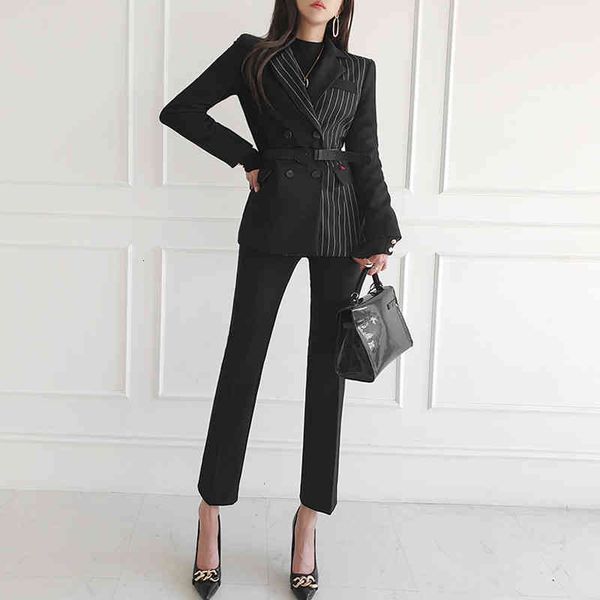 women's two piece pants simple office 2-piece sets women winter elegant striped splicing coat & high waist long ladies ol work pant sui, White 
women's two piece pants simple office 2-piece sets women winter elegant striped splicing coat & high waist long ladies ol work pant sui, White