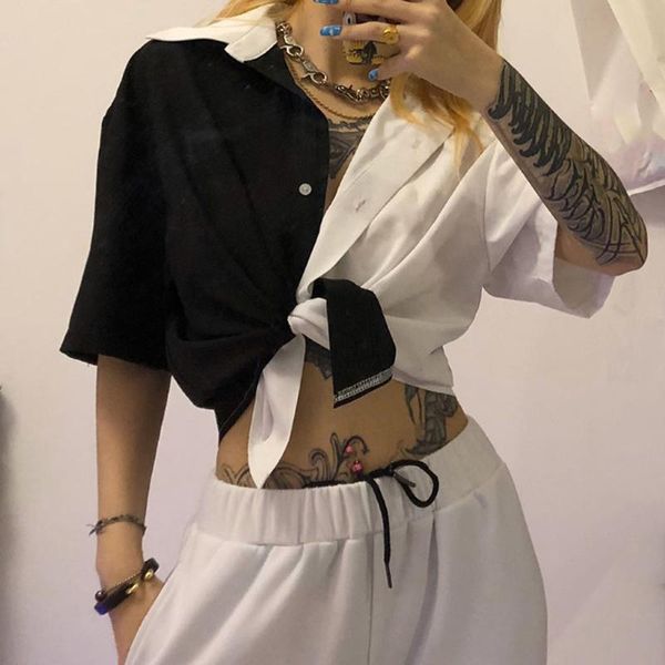 women black white patchwork shirt turn down collar single breasted office lady summer simple short sleeves fashion blouse
women black white patchwork shirt turn down collar single breasted office lady summer simple short sleeves fashion blouse