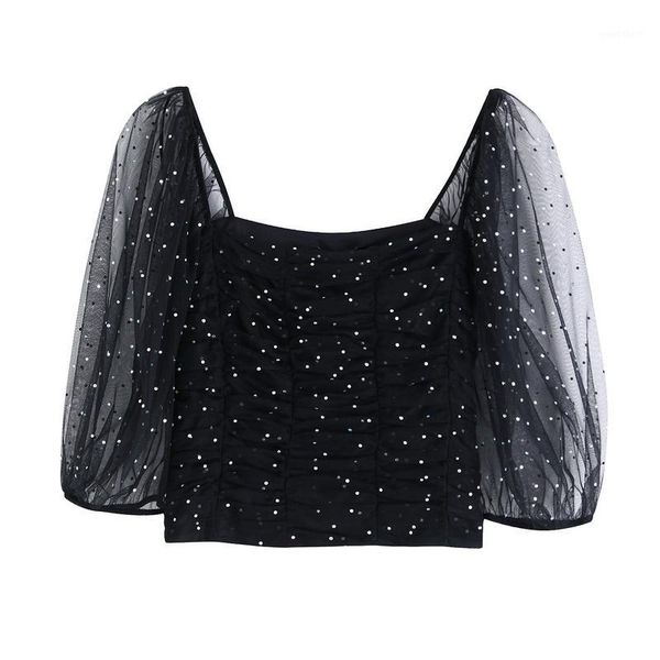shine through women blouse autumn 2019 new fashion shiny rhinestone black mesh square collar modern lady crop 1, White
shine through women blouse autumn 2019 new fashion shiny rhinestone black mesh square collar modern lady crop 1, White
