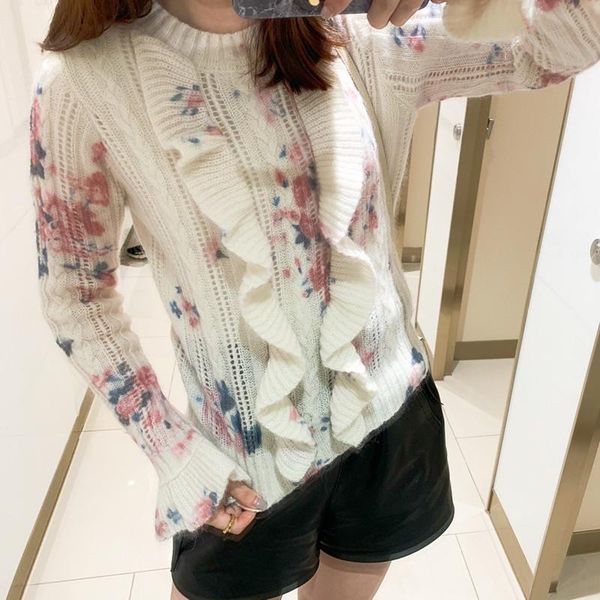women ruffles flare sleeve knit sweater o-neck floral printed sweet fresh new knitted pullovers, White;black
women ruffles flare sleeve knit sweater o-neck floral printed sweet fresh new knitted pullovers, White;black