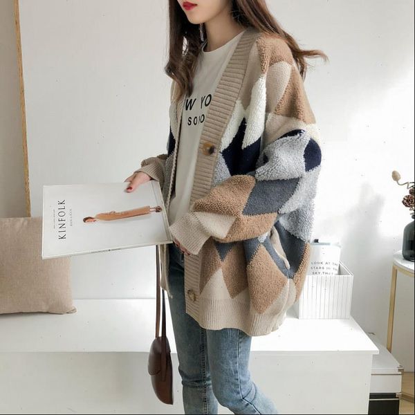 clothing jacket female early spring and autumn 2021 new loose korean version of super fire knit cardigan thickening tide, White;black