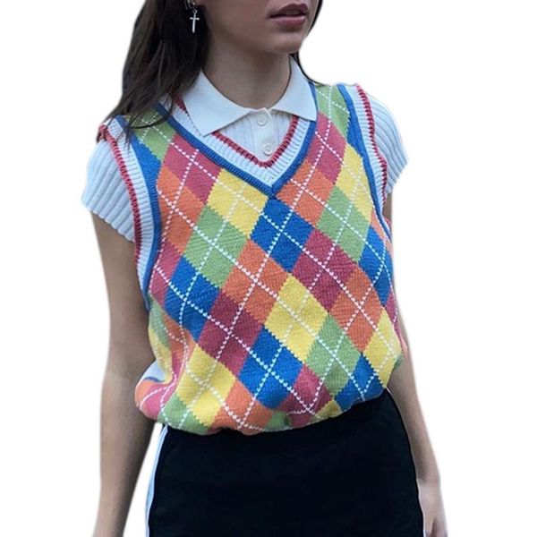 women preppy style knitted sleeveless vest rainbow colorful rhombus plaid sweater v-neck casual loose pullover jumper tank top, White;black
women preppy style knitted sleeveless vest rainbow colorful rhombus plaid sweater v-neck casual loose pullover jumper tank top, White;black