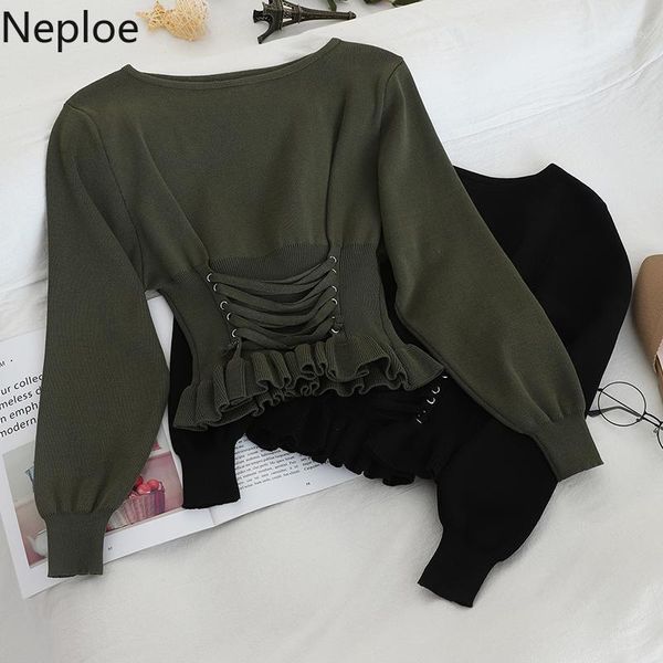 women's sweaters neploe elegant ruffle long sleeve knit sweater slim fit pullover waist lace up pull femme o neck solid winter clothes, White;black
women's sweaters neploe elegant ruffle long sleeve knit sweater slim fit pullover waist lace up pull femme o neck solid winter clothes, White;black
