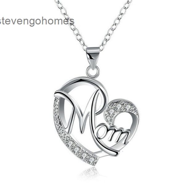 with mom heart shaped diamond mother love necklace letter neck and clavicle chain, Silver