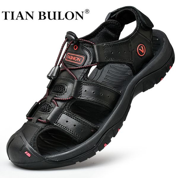 summer genuine casual outdoor leather sandals for men beach roman shoes plus size 38-48 y200702, Black