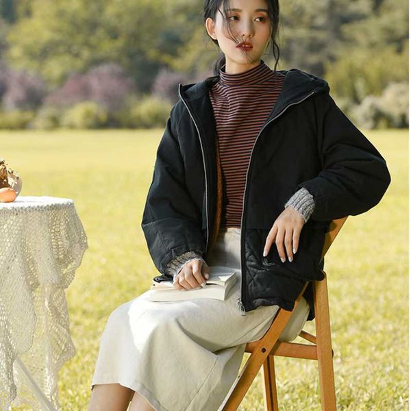 2021 new winter women's fashion casual jacket women's slim thick warm jacket zipper elegant with hat, Black
