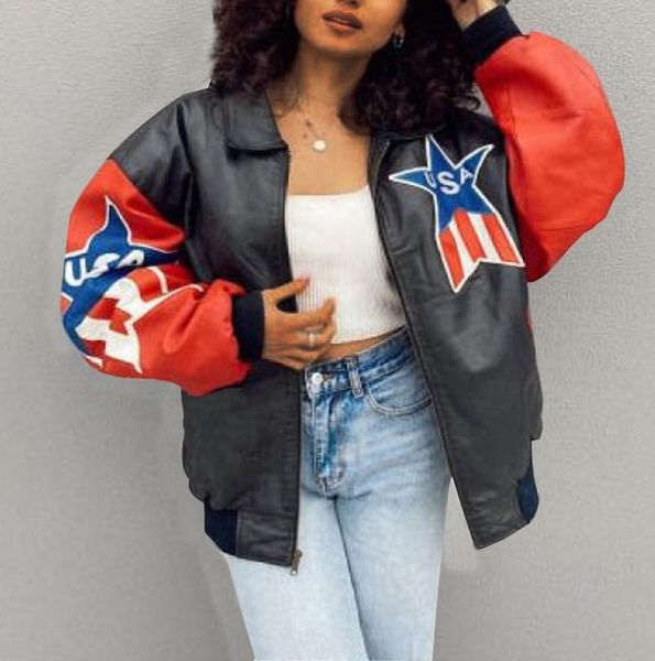 bat sleeved black leather jackets vintage america letter printing women coats loose oversized winter casual outerwear plus size 201028, Black;brown
bat sleeved black leather jackets vintage america letter printing women coats loose oversized winter casual outerwear plus size 201028, Black;brown