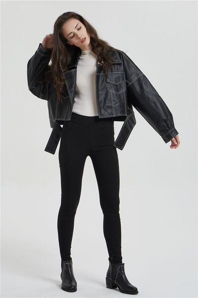 b257-2020 spring and autumn new women's leather lapel bf loose edition street fashion open line motorcycle jacket short coat, Black;brown
b257-2020 spring and autumn new women's leather lapel bf loose edition street fashion open line motorcycle jacket short coat, Black;brown