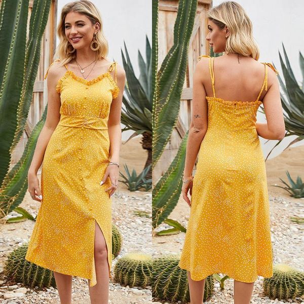 dot print women's summer sundress sleeveless spaghetti shoulder straps ruffles buttons slit side high waist holiday beach dress1, Black;gray 
dot print women's summer sundress sleeveless spaghetti shoulder straps ruffles buttons slit side high waist holiday beach dress1, Black;gray