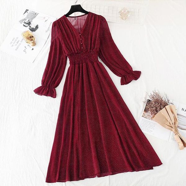 spring v-neck chiffon dresses women vintage dot print ruffle flare sleeve midi dress casual elastic waist party dress vestidos1, Black;gray
spring v-neck chiffon dresses women vintage dot print ruffle flare sleeve midi dress casual elastic waist party dress vestidos1, Black;gray