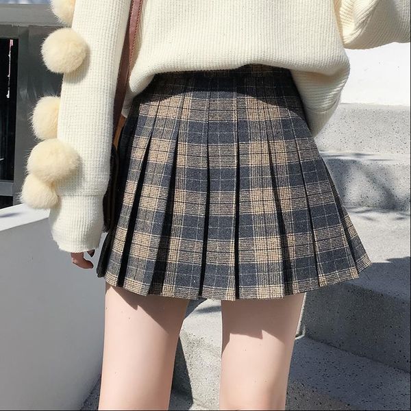 new arrivals plaid wool pleated skirt female 2019 winter high waist vintage woolen school mini skirt women, Black 
new arrivals plaid wool pleated skirt female 2019 winter high waist vintage woolen school mini skirt women, Black