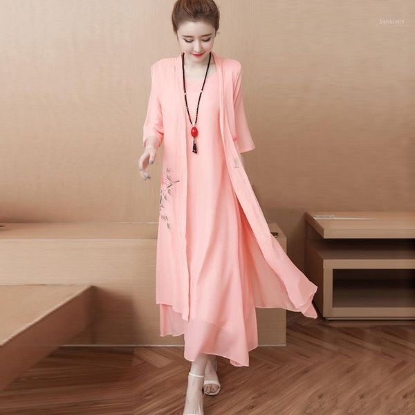 national style two-piece dress set female print suit floral cardigan + long dress elegant vintage women summer set suit1, White;black
national style two-piece dress set female print suit floral cardigan + long dress elegant vintage women summer set suit1, White;black