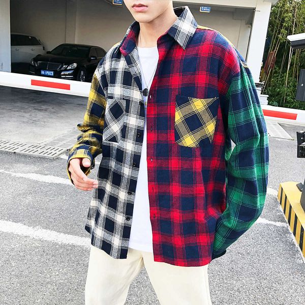 men 2020 autumn new color matching lapel plaid long sleeve trend slim fit men's shirt, White;black
men 2020 autumn new color matching lapel plaid long sleeve trend slim fit men's shirt, White;black