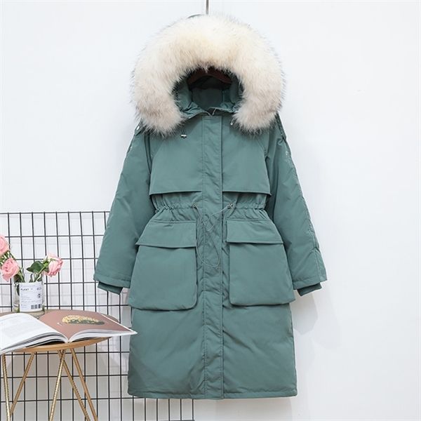 fitaylor large real raccoon fur collar long down jacket women winter white duck down parka warm loose thickness sash tie up coat q1217, Black 
fitaylor large real raccoon fur collar long down jacket women winter white duck down parka warm loose thickness sash tie up coat q1217, Black