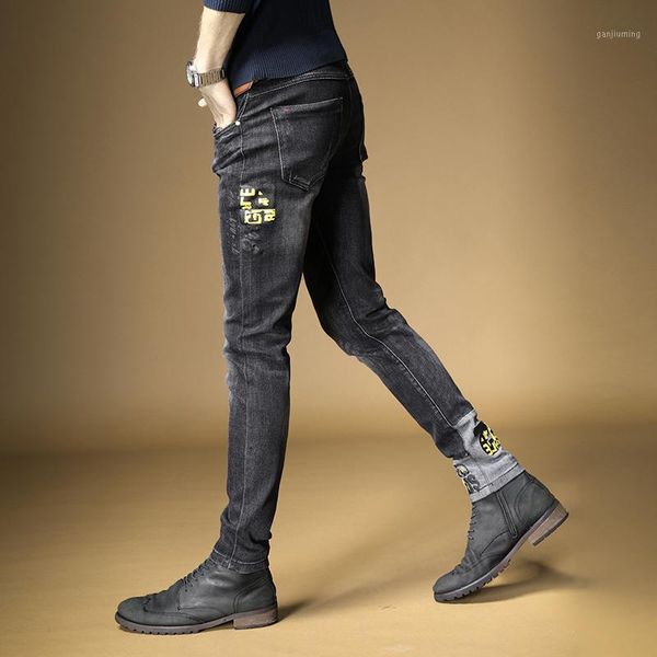 2019 new men's male denim jeans brand korean version trend self-cultivation feet black print casual pants trousers1, Blue
2019 new men's male denim jeans brand korean version trend self-cultivation feet black print casual pants trousers1, Blue