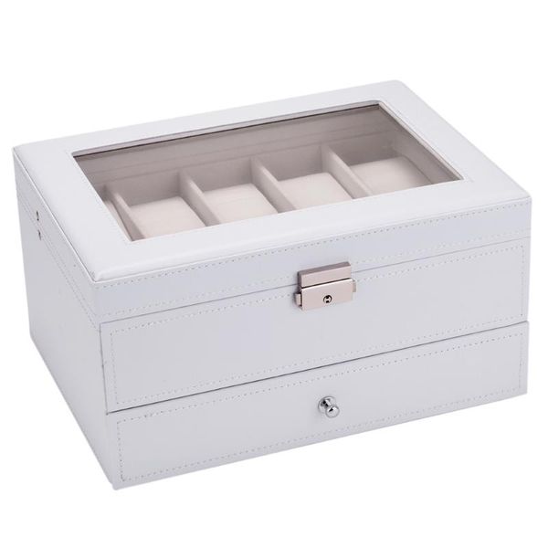 10 Slots Watch Box Mens Watch Organizer Lockable Jewelry Display Case With Real Glass Faux Leather White