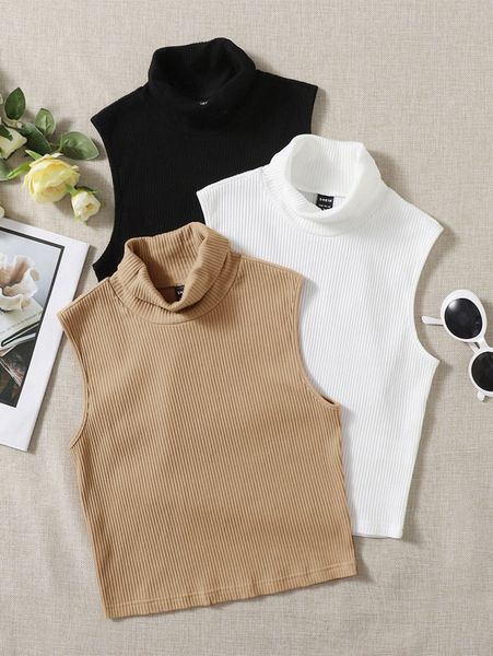 3pcs solid turtleneck ribbed knit tank 57sp#, White 
3pcs solid turtleneck ribbed knit tank 57sp#, White