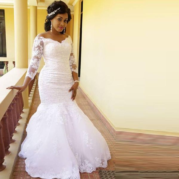 africa off shoulder long sleeves lace mermaid wedding dresses with sequined appliques sweep train tulle wedding bridals gowns, White
africa off shoulder long sleeves lace mermaid wedding dresses with sequined appliques sweep train tulle wedding bridals gowns, White