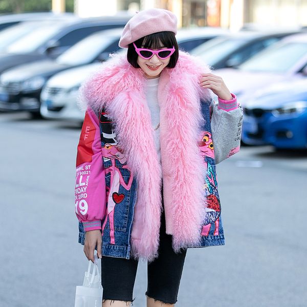 net celebrity heavy cartoon industry sequins real fur collar women's leather loose more velvet denim cotton thick jacket, Black
net celebrity heavy cartoon industry sequins real fur collar women's leather loose more velvet denim cotton thick jacket, Black