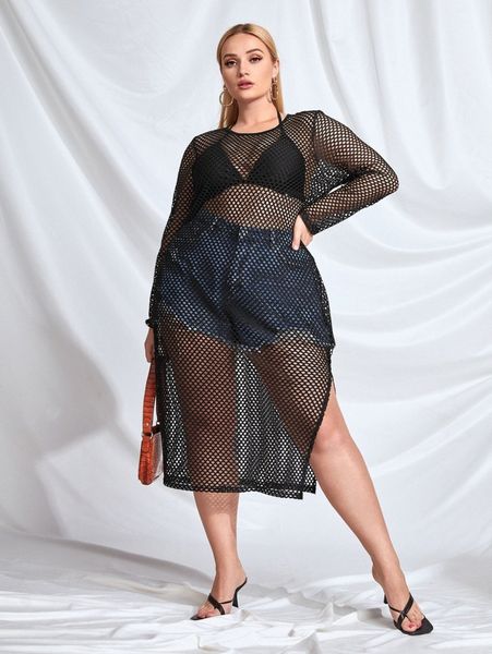 plus 1pc slit hem eyelet dress z61d#, Black 
plus 1pc slit hem eyelet dress z61d#, Black