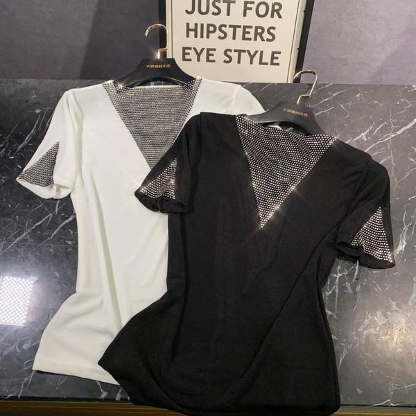 2020 model new summer v neck elastic water drill thin ice silk personality short sleeve celebrity trend women's shirt mmxx, White
2020 model new summer v neck elastic water drill thin ice silk personality short sleeve celebrity trend women's shirt mmxx, White