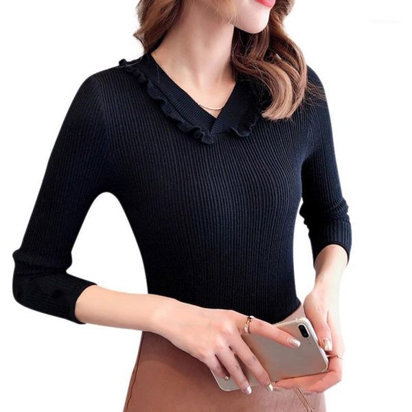 fashion solid color v-neck ruffles women's sweater korean style casual slim long-sleeved knit pullover1, White;black 
fashion solid color v-neck ruffles women's sweater korean style casual slim long-sleeved knit pullover1, White;black