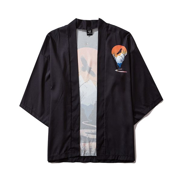 ukiyoe sunset eagle print 3 / 4 sleeve road robe hawaiian beach style loose shirt, White;black
ukiyoe sunset eagle print 3 / 4 sleeve road robe hawaiian beach style loose shirt, White;black