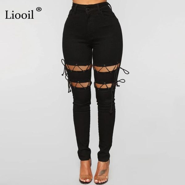 liooil plus size black bandage pencil jeans for women 2021 streetwear high waist skinny jean trouser hollow out denim pants, Blue 
liooil plus size black bandage pencil jeans for women 2021 streetwear high waist skinny jean trouser hollow out denim pants, Blue