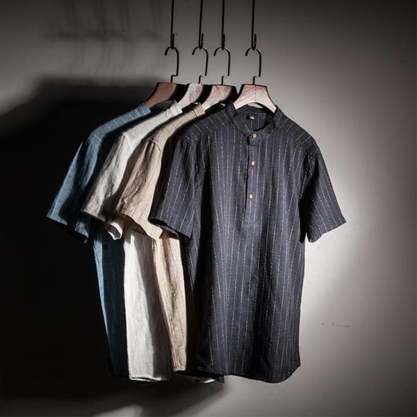 lff new arrival men fashion vertical stripes cotton linen stand collar short sleeve shirts male japan casual thin pullover, White;black
lff new arrival men fashion vertical stripes cotton linen stand collar short sleeve shirts male japan casual thin pullover, White;black