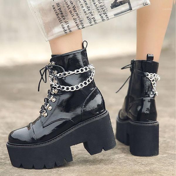 preto branco winter women's boots thick round head patent leather chain lace up women's boots wedge high heel -96-11, Black
preto branco winter women's boots thick round head patent leather chain lace up women's boots wedge high heel -96-11, Black
