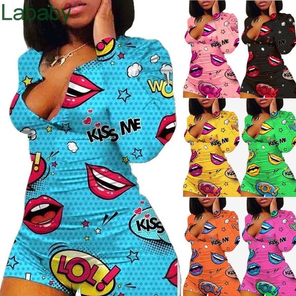women onesies designer 2021 new long sleeve button cartoon print lips skinny jumpsuits ladies casual v-neck slim short rompers, Black;white
women onesies designer 2021 new long sleeve button cartoon print lips skinny jumpsuits ladies casual v-neck slim short rompers, Black;white