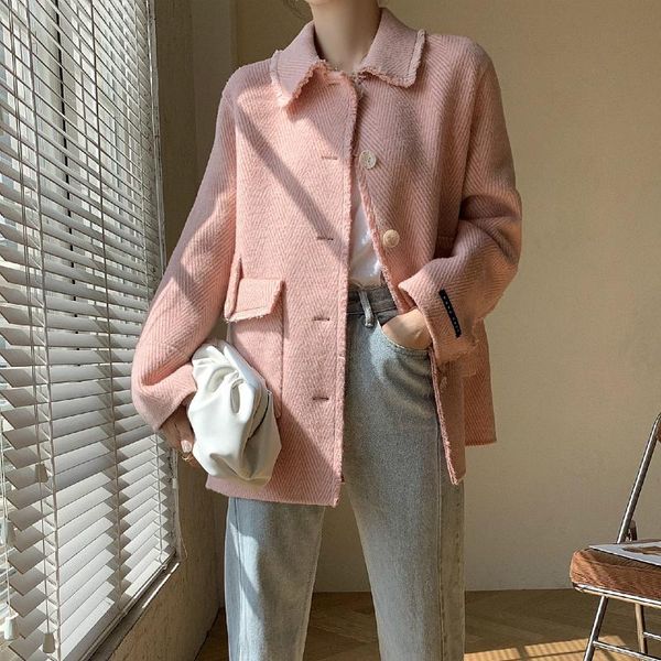 women's wool & blends lapel winter 2021 loose korean woolen jacket high end handmade single breasted plus size long ligh blue pink 100%, Black 
women's wool & blends lapel winter 2021 loose korean woolen jacket high end handmade single breasted plus size long ligh blue pink 100%, Black