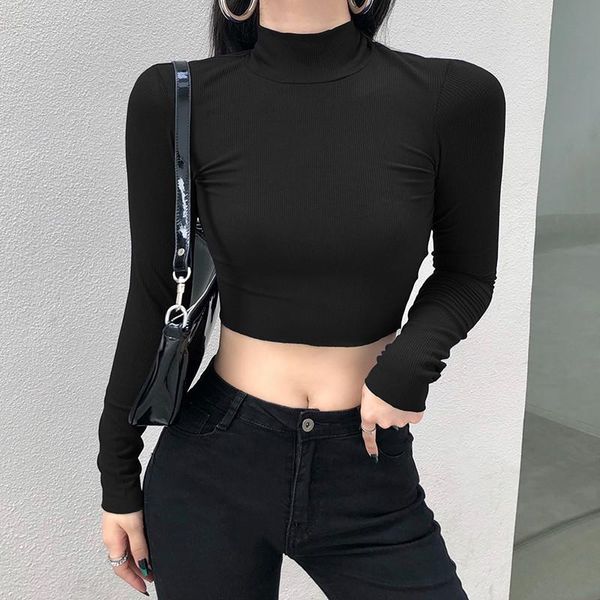 women knitted t shirt casual rib half high collar tight fitting solid color long sleeve exposed navel undershirt for female, White
women knitted t shirt casual rib half high collar tight fitting solid color long sleeve exposed navel undershirt for female, White