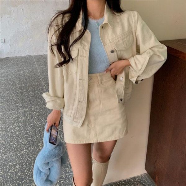 women's tracksuits autumn and winter suit dress long sleeve loose denim coat high waist a-line half skirt with hip wrap short, Gray
women's tracksuits autumn and winter suit dress long sleeve loose denim coat high waist a-line half skirt with hip wrap short, Gray