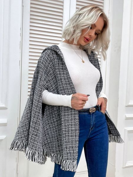 plaid cloak sleeve fringe trim hooded overcoat m4fr#, Black