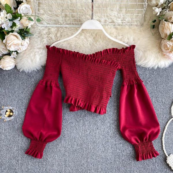 women slash neck blouse pleated lantern sleeve cross stretch slim short off-shoulder chiffon shirts female pl447, White
women slash neck blouse pleated lantern sleeve cross stretch slim short off-shoulder chiffon shirts female pl447, White