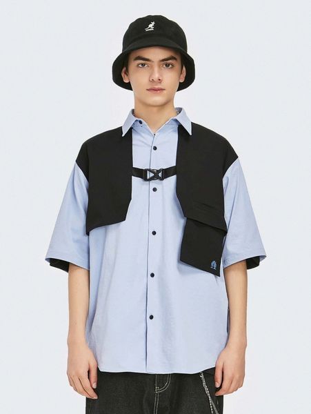 men push buckle patch detail colorblock shirt k4mw#, White;black 
men push buckle patch detail colorblock shirt k4mw#, White;black
