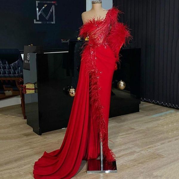 red feathers prom dresses one shoulder beads crystals high side split long sleeves evening dress arab robe de soirée de mariage, Black
red feathers prom dresses one shoulder beads crystals high side split long sleeves evening dress arab robe de soirée de mariage, Black