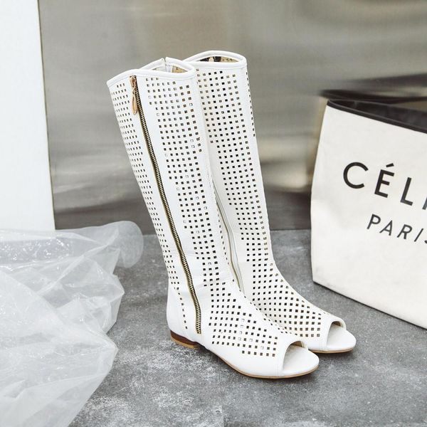 female fashion flats at knee-high summer peep boots toe square fretwork heels party retro-roma shoes women's size 34-43, Black