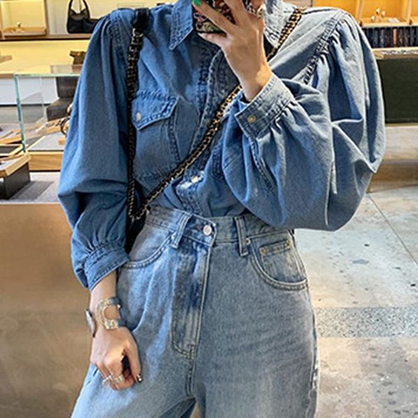 2020 women demin shirts long lantern sleeve turn-down collar blue single breasted pockets korean style shirt, White
2020 women demin shirts long lantern sleeve turn-down collar blue single breasted pockets korean style shirt, White