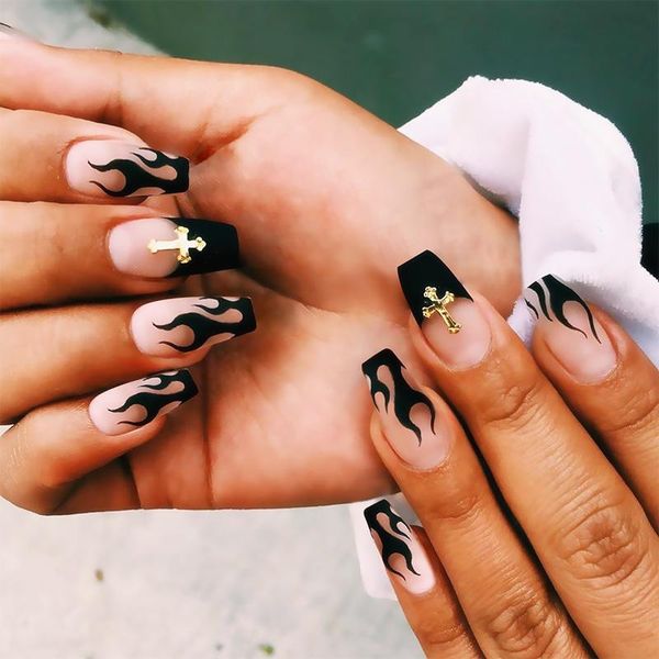 false nails 24pcs/box matte with black flame design ballet wearable full cover fake nail tips glue for girls daily, Red;gold
false nails 24pcs/box matte with black flame design ballet wearable full cover fake nail tips glue for girls daily, Red;gold