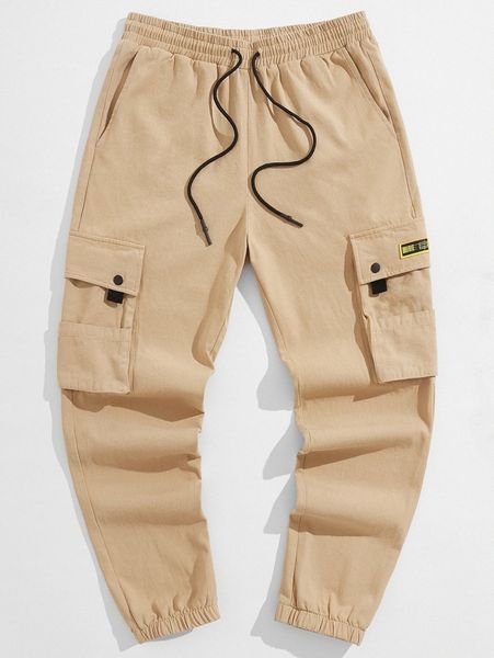men patched flap pocket drawstring waist carrot pants 64j0#, Black