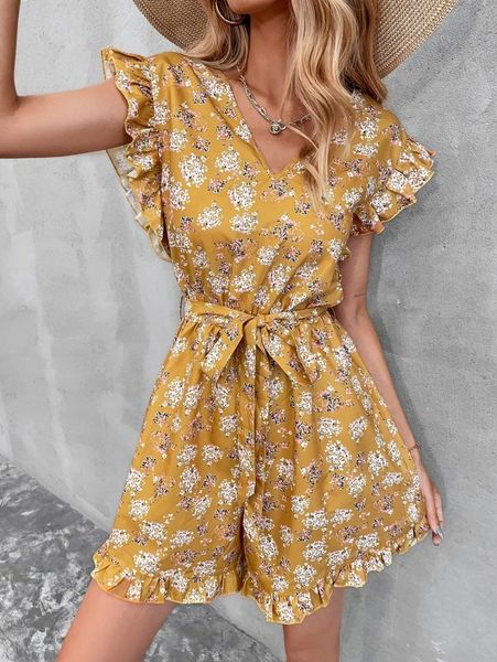 allover floral print ruffle trim belted romper h4kx#, White
allover floral print ruffle trim belted romper h4kx#, White
