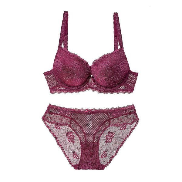 new style lace bra suit deep v gathered adjustable underwear, Red;black