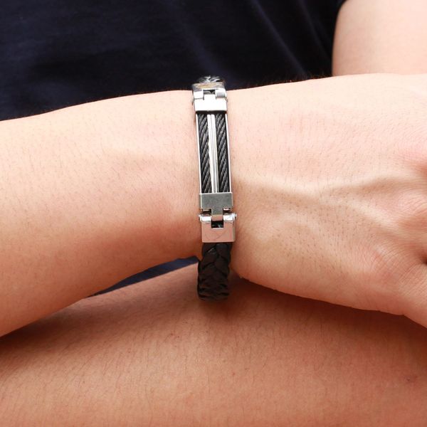 for stainless steel men braided leather cable cuff bracelet bangle, Black 
for stainless steel men braided leather cable cuff bracelet bangle, Black
