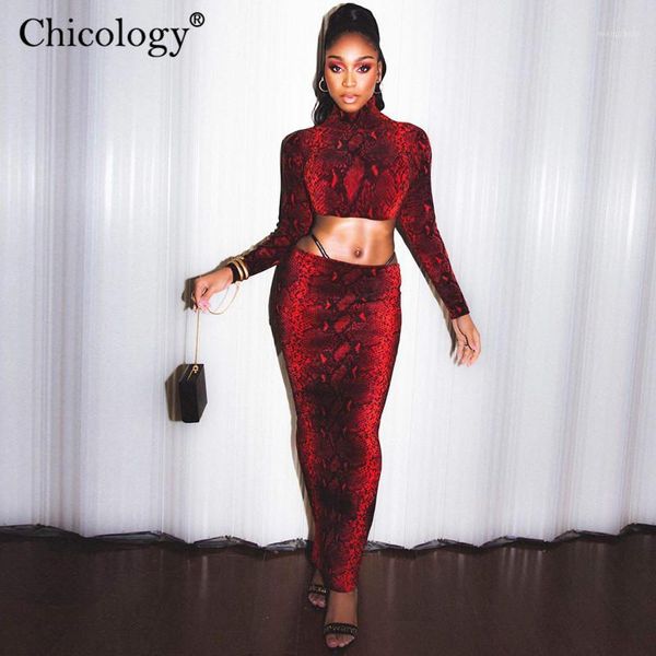 chicology snake print 2 two piece matching set long sleeve crop high waist midi dress 2020 autumn winter club clothes1, White