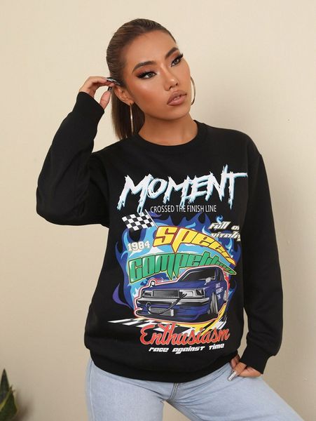 car & letter print drop sleeve sweatshirt 43m8#, White;black 
car & letter print drop sleeve sweatshirt 43m8#, White;black